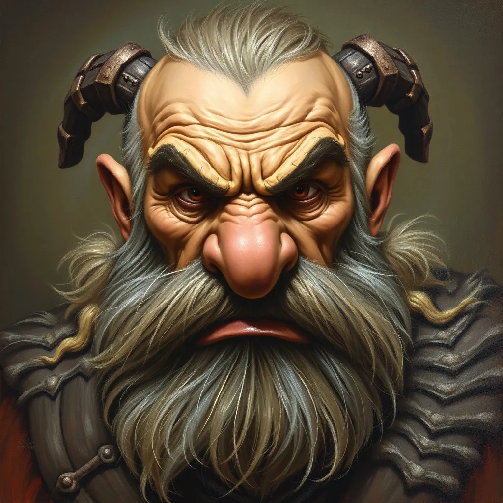 Dnd, handpainted by a renaissance artist, oil painting, head portrait, sturdy, mighty, grizzled, old, angry, barbarian, big nose
