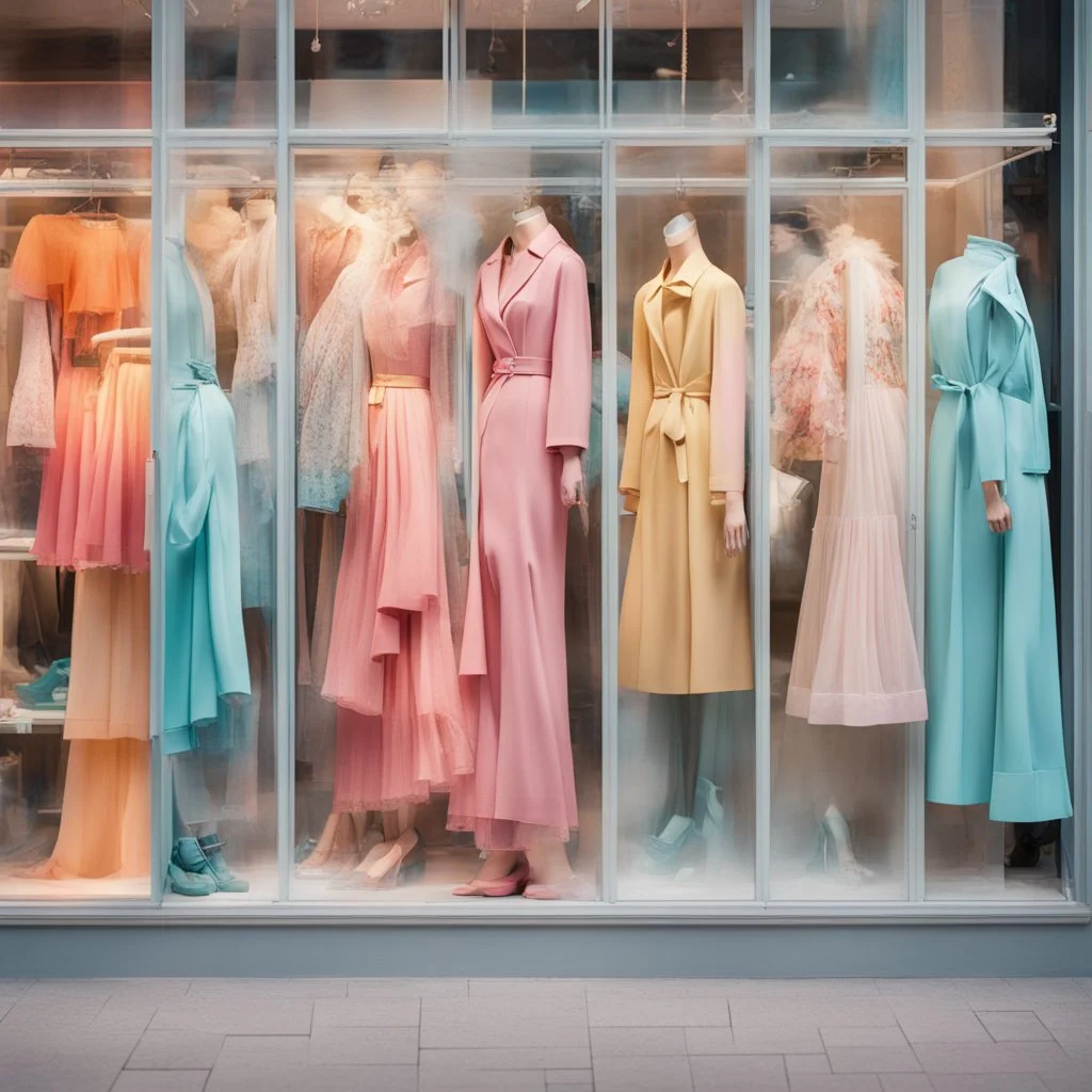 A shop window with women's fashion all bright and delicate colors