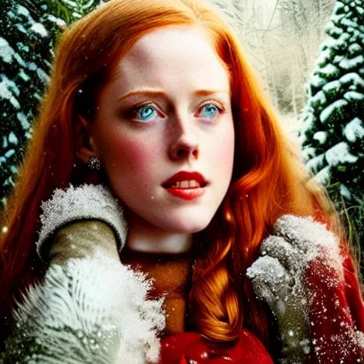 young Deborah Ann Woll and teen Robyn Lively, beautiful faces, meticulously detailed red hair; Christmas sleigh, brown horses; forest, snow, ethereal fantasy maximalist matte painting. Hues of Christmas. Hideo Kojima. realistic. Victorian era, snowflakes, holly, pinecones, old fashioned, vintage, antique, beautiful, renaissance, 16k