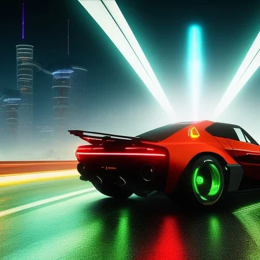 a guy in a futuristic motorbike leaving a futuristic city with neon lights at night, through a super highway, high speed, ASUS Republic of Gamers Style,Wallpaper for large desktop pc, Looking from behind from a higher view to the highway seeing tall skyscrapers, outer space, vanishing point, super highway, high speed, digital render, digital painting, beeple, noah bradley, cyril roland, ross tran, trending on artstation