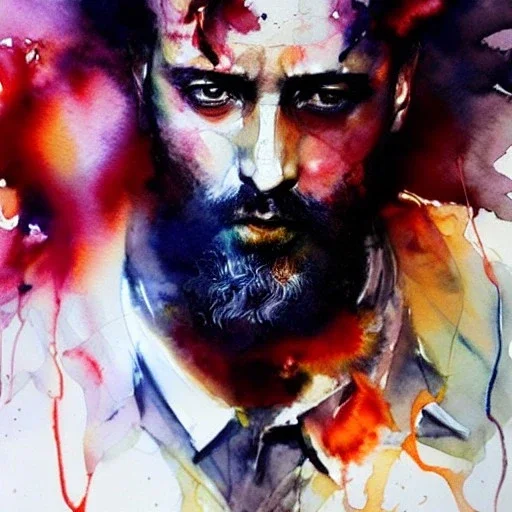 rugged man, fire, flames, watercolor illustration by <agnes cecile> <Yoji Shinkawa>, natural tones, ornate and intricate detail , soft smooth lighting, soft pastel colors,