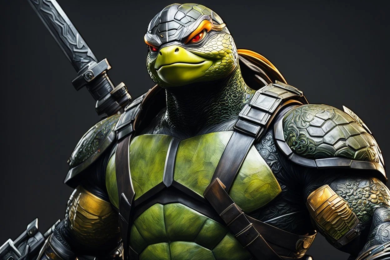 Michelangelo in 8k live anime artstyle, Turtles, black ronin custom, TMNT them , dynamic pose, intricate details, highly detailed, high details, detailed portrait, masterpiece,ultra detailed, ultra quality