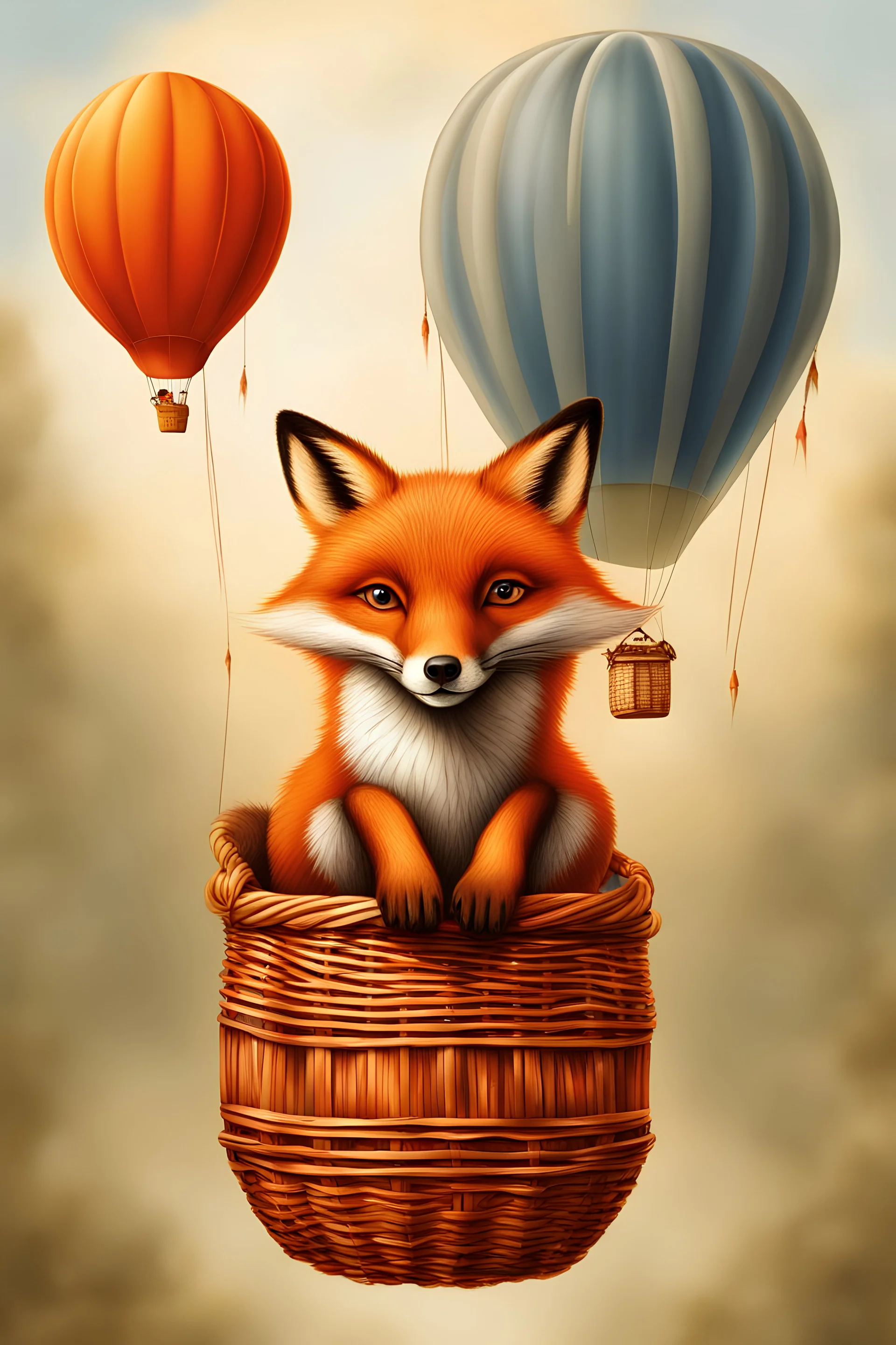 Color illustration of a ultra photo realistic happy red fox sitting "inside" a detailed wicker basket which is "hanging" below a perfect round orange colored hot air ballon nothing should be hanging from the basket, full image of hot air ballon, every element; fox, wicker basket, ballon should be in proportion to one another, in the background you can see the leaning tower of Piza