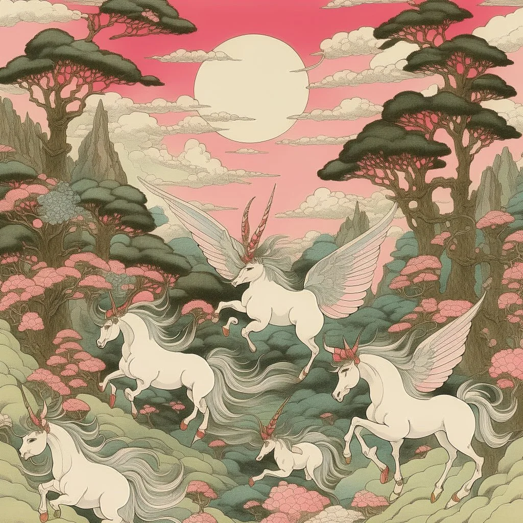 A light pink magical realm filled with winged unicorns painted by Utagawa Hiroshige