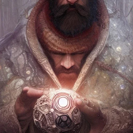 Insanely detailed landscape of an “D&D twilight cleric holding glowing D20” with intricate detailed beard,high and tight hair cut,40 years old, intricate clothing, hyperdetailed painting by Ismail Inceoglu Huang Guangjian and Dan Witz CGSociety ZBrush Central fantasy art album cover art,8K, hdr, mysterious, flickeringlights ,Stoic