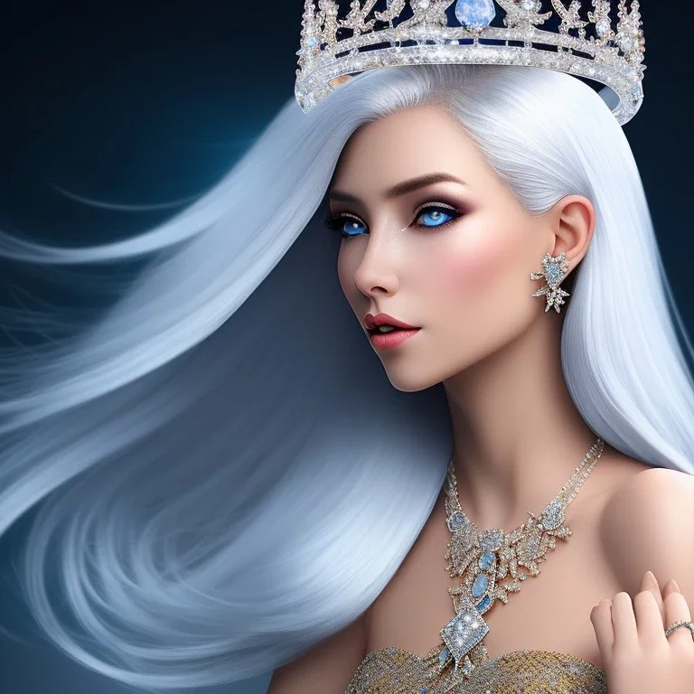 Ice Princess with white hair, a crown with precious stones, bright background