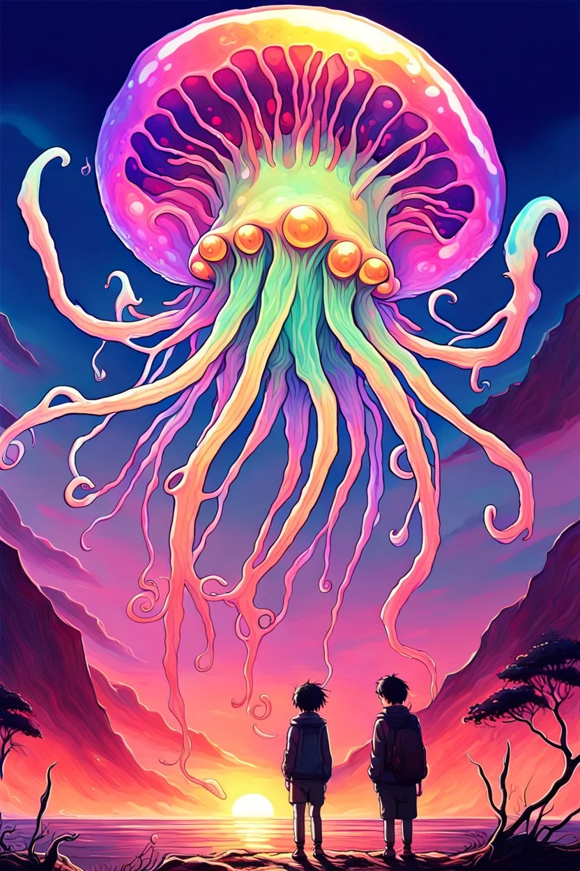 DALL-E 3 P: P: A stunning oil painting in anime style depicting a scary yet colorful creature with translucent, luminous qualities like a jellyfish. The creature has many detailed, iridescent eyes, multiple arms, and large ears. This creature is set against the backdrop of an incredible alien paradise planet at sunset, with vibrant colors and exaggerated perspective. The masterpiece showcases mother of pearl iridescence and holographic whites, creating a terrifying and horror-like atmosphere. Th