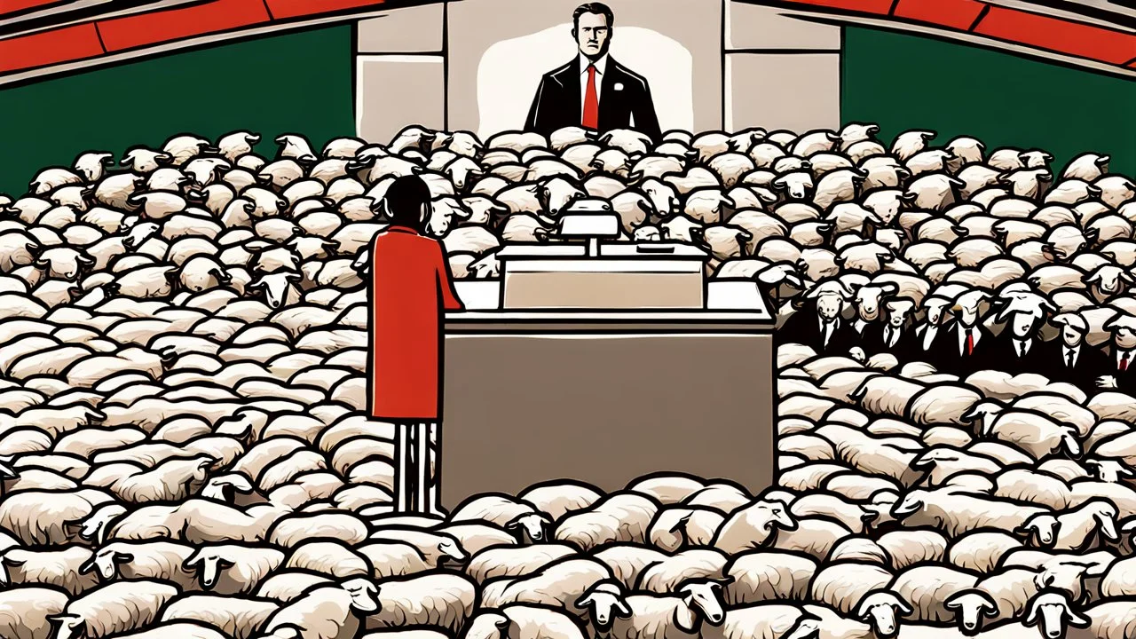 malevolent world leader and orator at podium speaking to large field of sheep