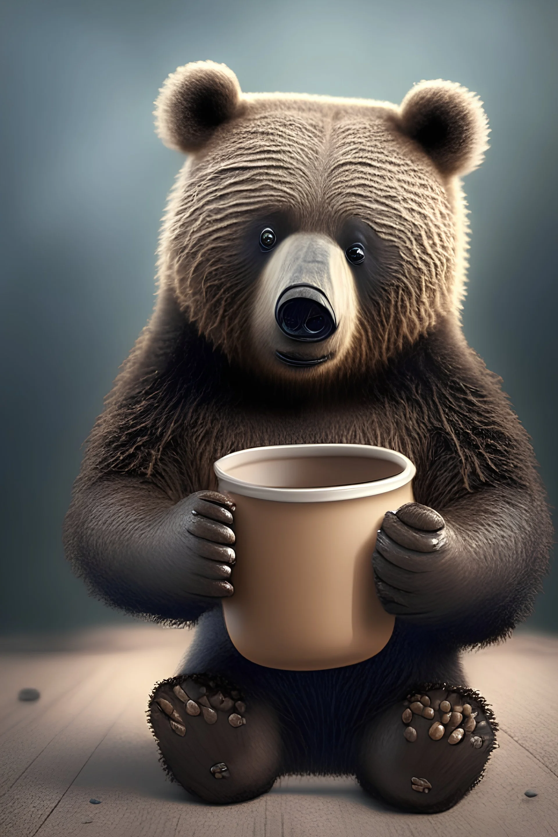 bear holding beans in coffee cup