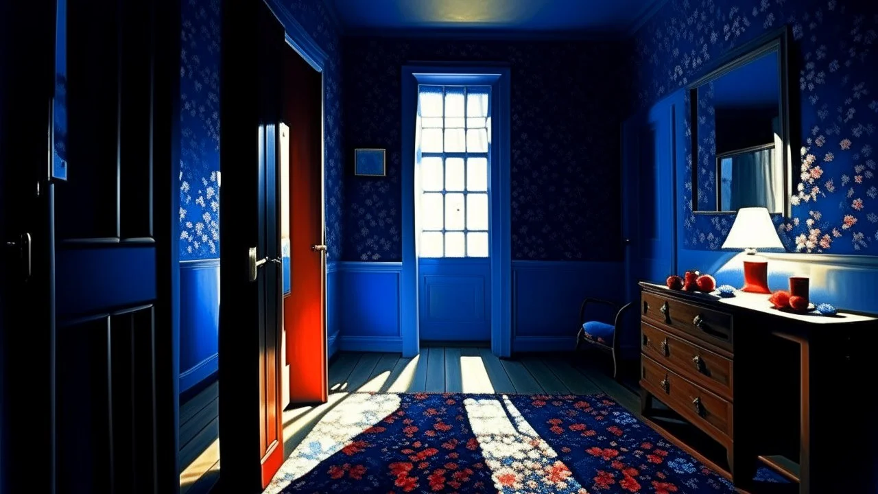 Image is a painting titled 'Blue Room' from 1960, measuring 28 by 50 inches. It depicts an interior scene with a predominantly blue color palette. The room features a patterned blue wallpaper with red floral designs. On the left, an open door reveals a bright light source, casting a warm glow into the room. The floor is a reflective blue, enhancing the room's cool tone. A large, oval mirror hangs above a simple fireplace on the right wall, which is adorned with a subtle geometric pattern. To the