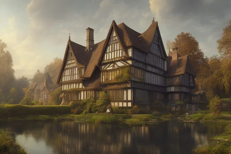 portrait of a tudor manor house on a street, fishpond architecture, highly detailed, blue sky, cinematic lighting, digital art painting by greg rutkowski