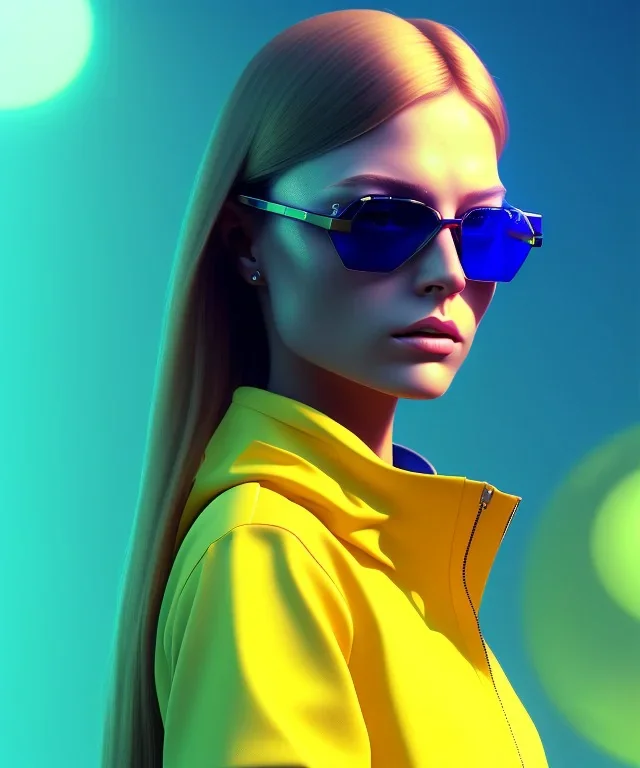 a young woman, BLONDE hair, green eyes, glasses, deep colors, cyberpunk, great pose, Realistic photography, incredibly detailed, ultra-high resolution, 8k, complex 3d render, cinema 4d, anatomically correct, dark backgorund