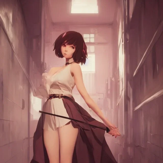 Insane pretty young woman short dressed. by wlop, ilya kuvshinov, krenz cushart, greg rutkowski, pixiv, sarah j. maas book cover style magician at the end of a corridor, smooth, sharp focus, d & d style, artstation, 4 k, hdr