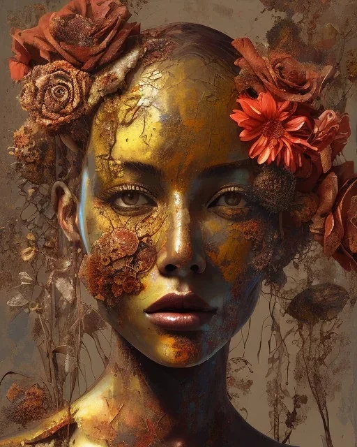 an abstract painting of rusted metal and flowers, african portrait, rust, scaffolding, iron cladding, decay, mixed media, textured, anatomically correct, beautiful perfect face, sharp focus, highly detailed