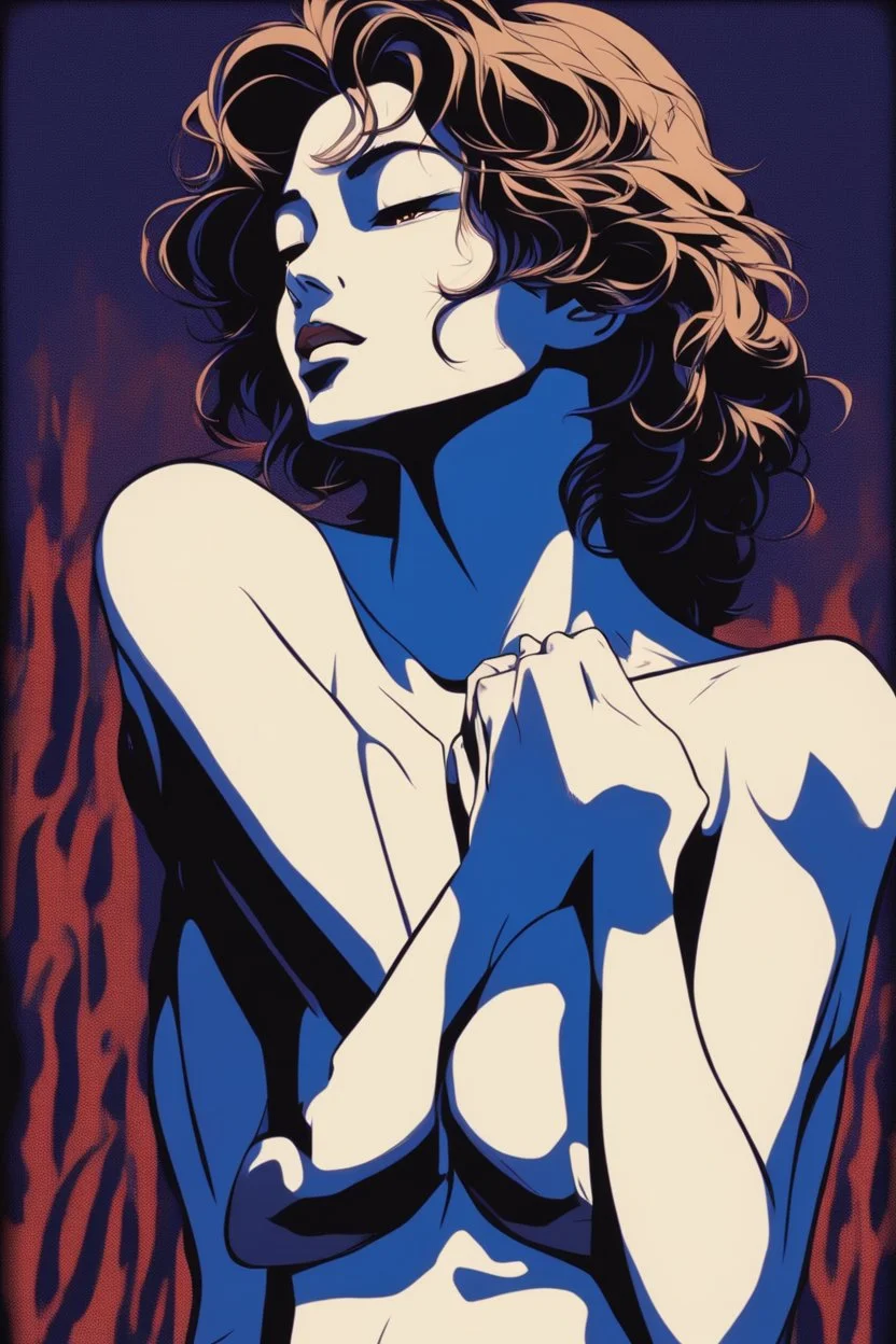 Create an intense, evocative portrait in the Japanese retro anime style of the 80s and 90s. The scene features a male bathed in deep blue light, leaning against a wall with her arms raised, eyes closed in a moment of raw emotion. Her attire is minimal, accentuating the curves of her body and the dramatic shadows cast by the lighting. The background is stark, with sharp contrasts highlighting the contours of her form. The blue and black palette intensifies the mood, evoking a sense of mystery a