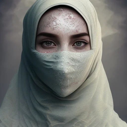 clouds of fog as muslim woman's face, dissolving, disintegrating, wearing hijab, fine detail, highly intricate, modern surrealism painting, high-quality, volumetric lighting, 8k, ultrahd, George Grie, Marco Escobedo, Igor Morski,Brian Froud, Howard Lyon, Selina French,