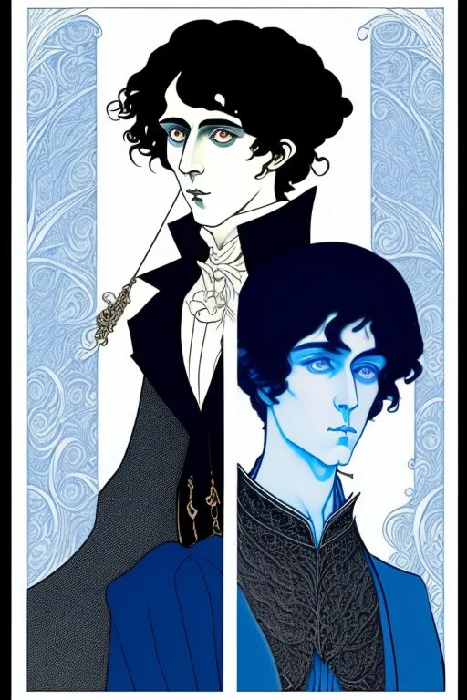 young black haired blue eyed wizard in the style of aubrey beardsley