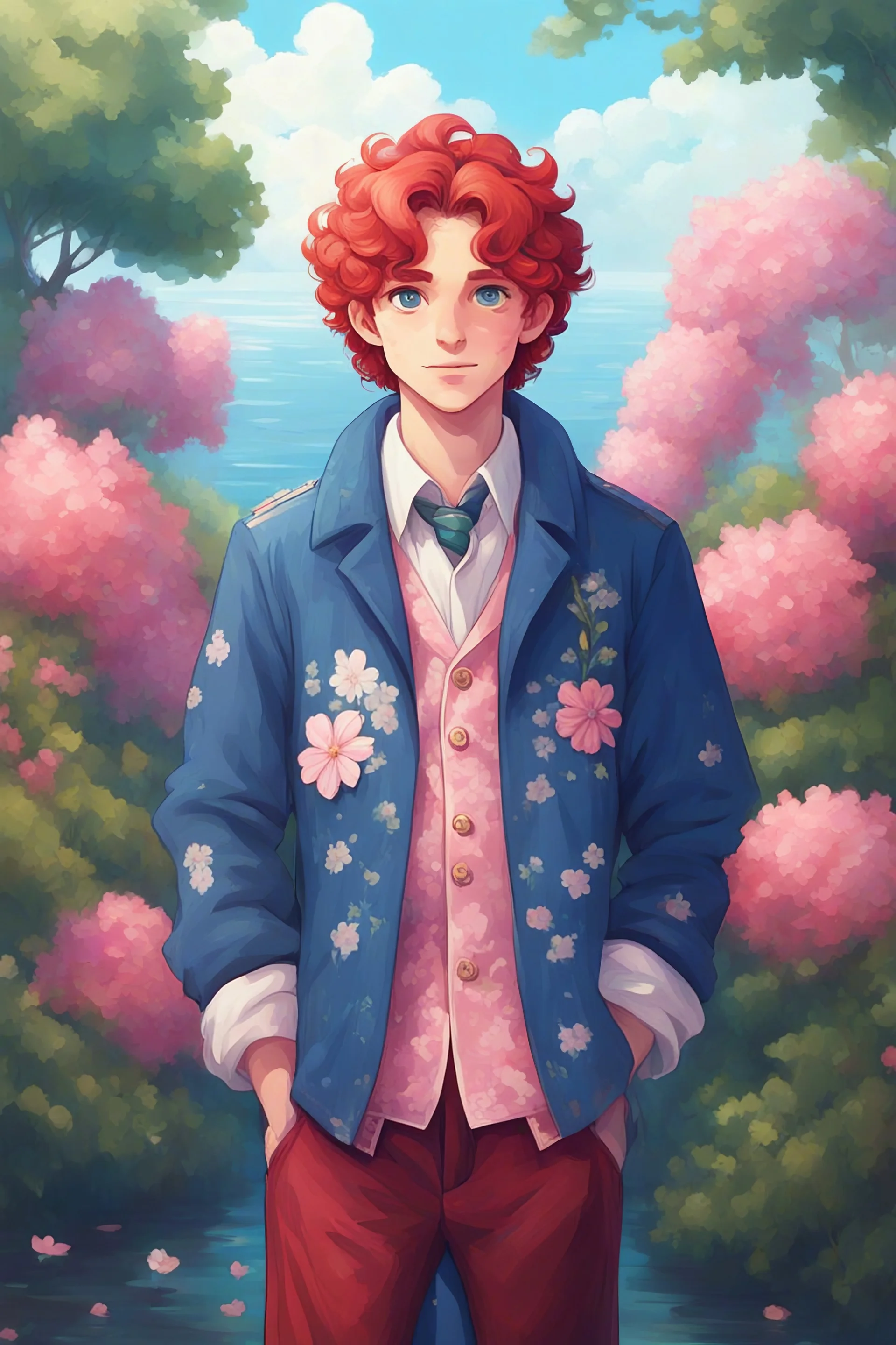 kind young sailor, man, red slightly curly hair, long jacket, pink-azure clothes, white floral pattern on the jacket, flower in the hair, stardew valley style