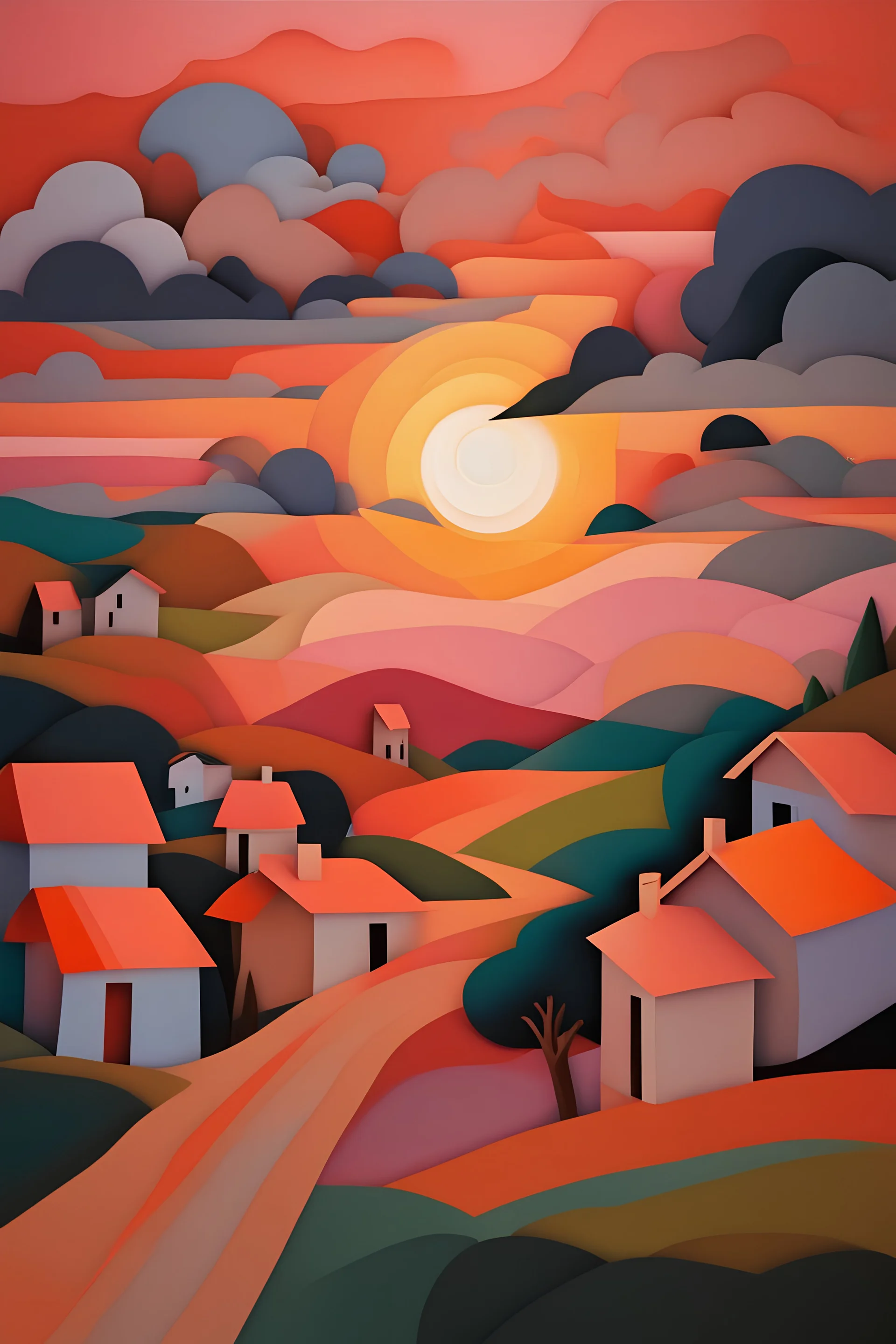 paper art, the scream style, colors of a storm of emotions and especially fuuz peach, sunset in fuzz peach colors, above rural houses in an old European style atmosphere, colors of a storm of emotions and especially fuuz peach. cubism style