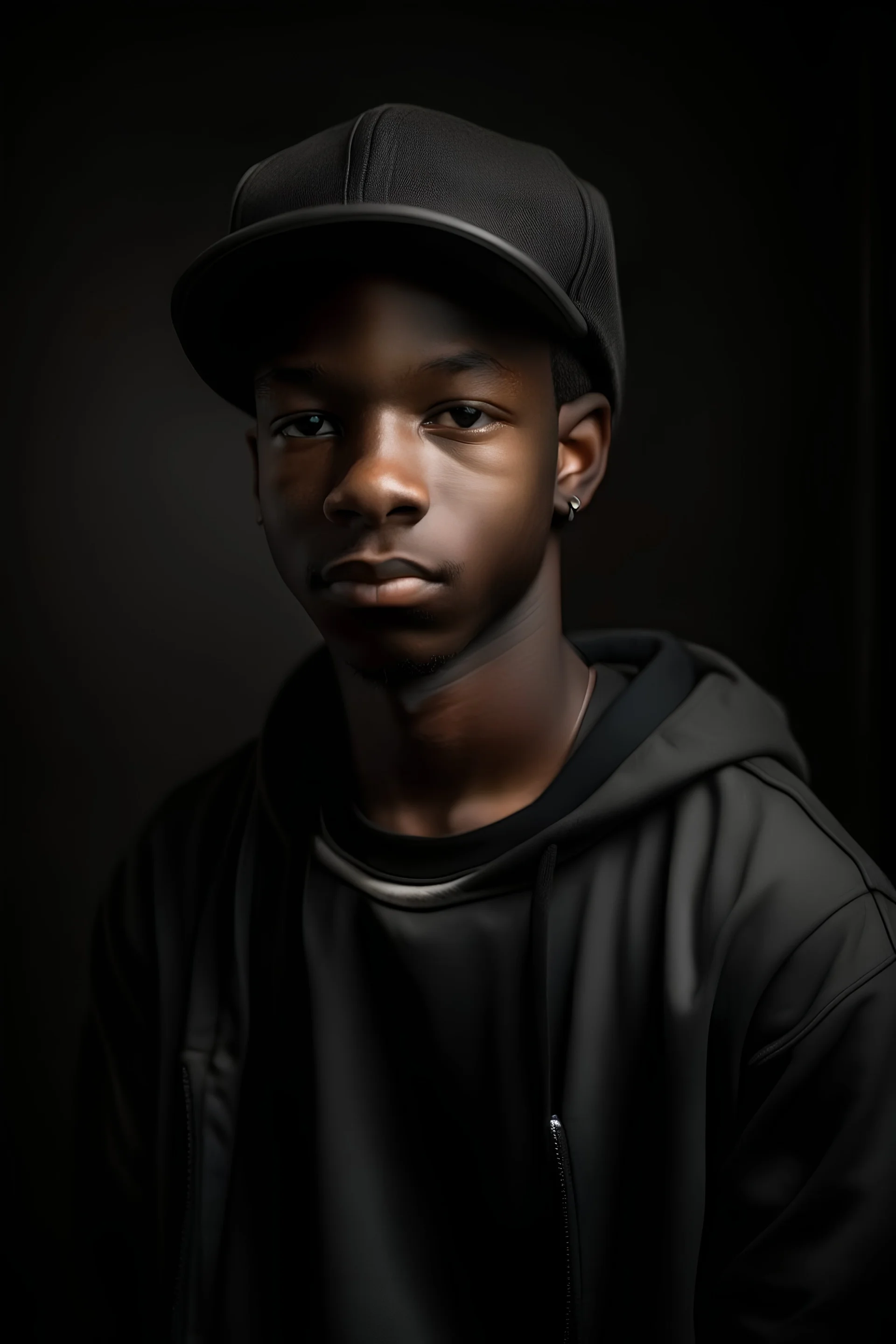 portrait of a tall 15 year old boy, full lips, cool hair, wearing a cap and baggy pants, black skin