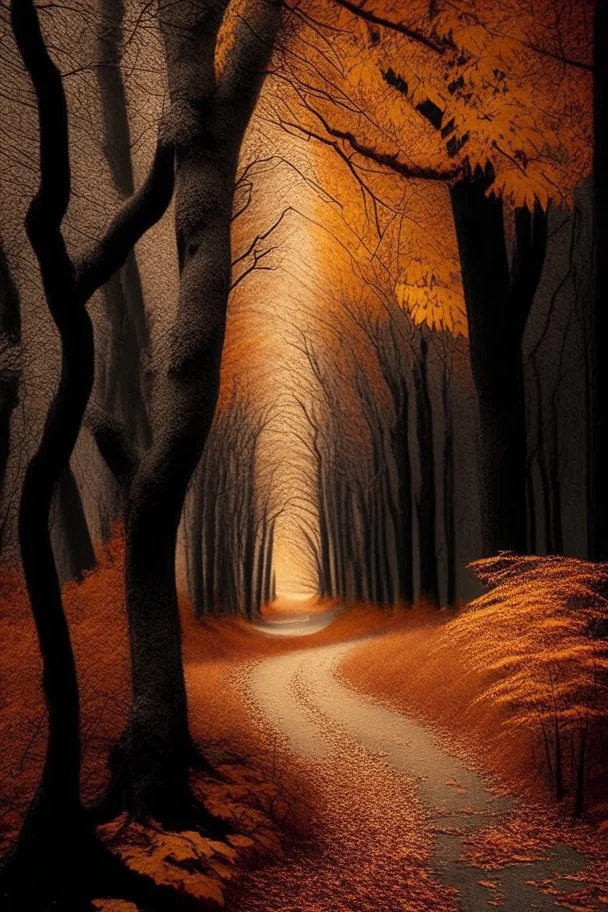 Autumn forest path in the style of Ansel Adams