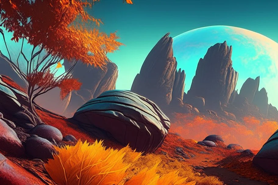 autumn vegetation, exoplanet in the horizon, big stones, cliff, science fiction.