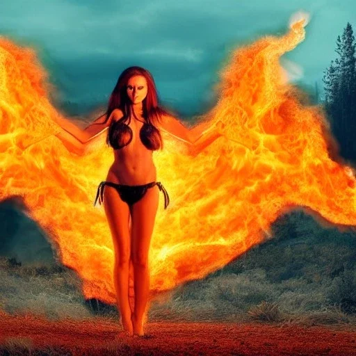 woman made of fire, fire angel, full body portrait, long flowing hair, only wearing bikini made of fire, highly detailed, real life photo, photo quality, extremely detailed, high quality, standing in fire, highly detailed, lots of fire around, fire background