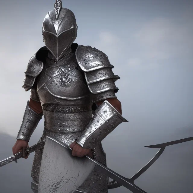  A warrior in silver armor,great sword,strong build, RTX, TXXA, SSAO, High quality,hyperrealistic, cinematic, Super detailed, Anti-Aliasing,Full color, HDR,4k, 8k