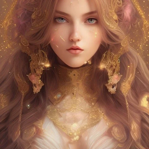  princess , cute, beautiful, long hair, wavy hair, blues eyes, , cinematic, 8k, Artgerm, WLOP, Alphonse Mucha dynamic lighting hyperdetailed intricately detailed, pink found,STARS