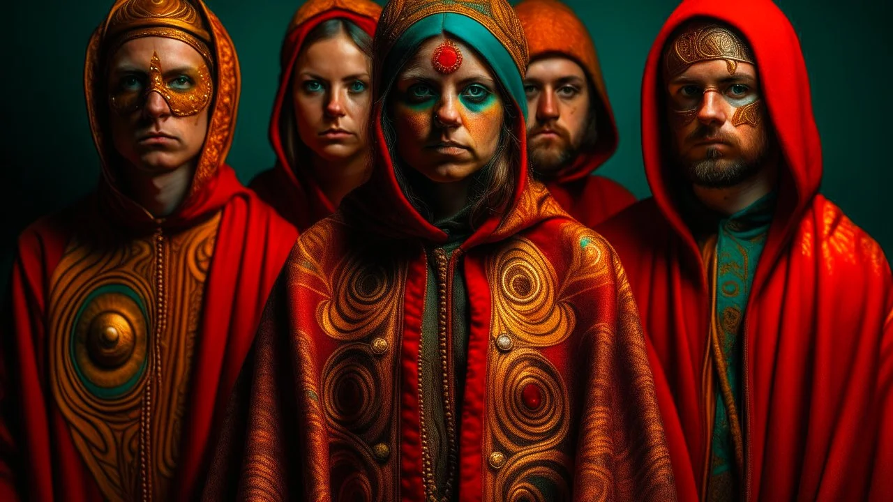 Five people with an average age of 30-40, wearing red and gold hooded cloaks with intricate designs, tribal markings face paint and a third eye symbol on their foreheads, standing in front of a teal background