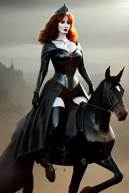 christina hendricks as evil queen in black leather gown on a horse, angry, stern look, volumetric lighting, particales,highly detailed,cinematic, deep colours,8