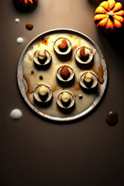 Cooking photo of Raviolis with truffle and pumpkin, olive oil, moisture, art, natural, ornaments, ceramic, marble, high kitchen, smooth, god rays, unreal engine 5, ray tracing, RTX, lumen lighting, ultra detail, volumetric lighting, 3d.