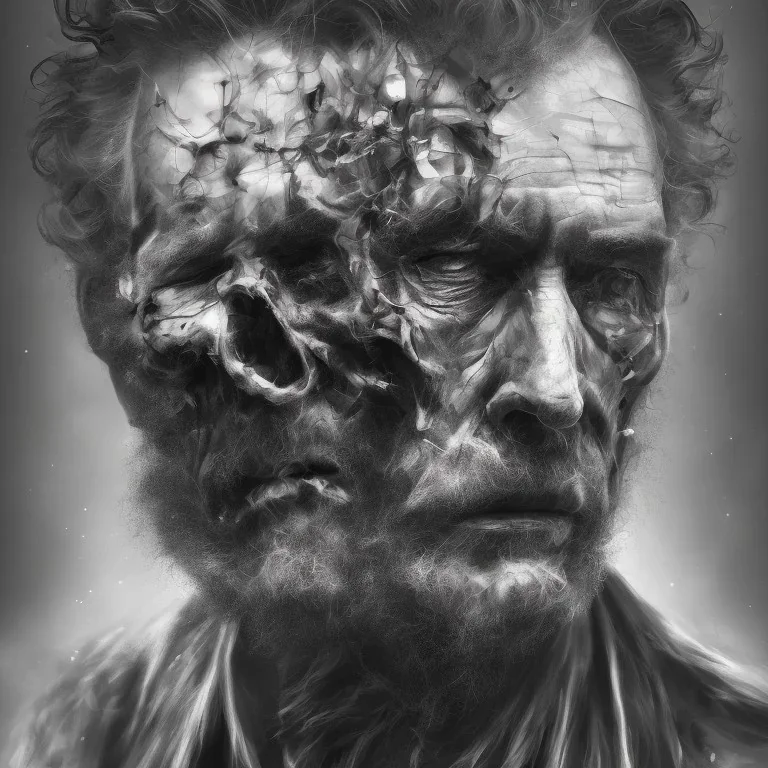 Extremely detailed portrait of man fading into a dark and rough oblivion, black and white digital painting.