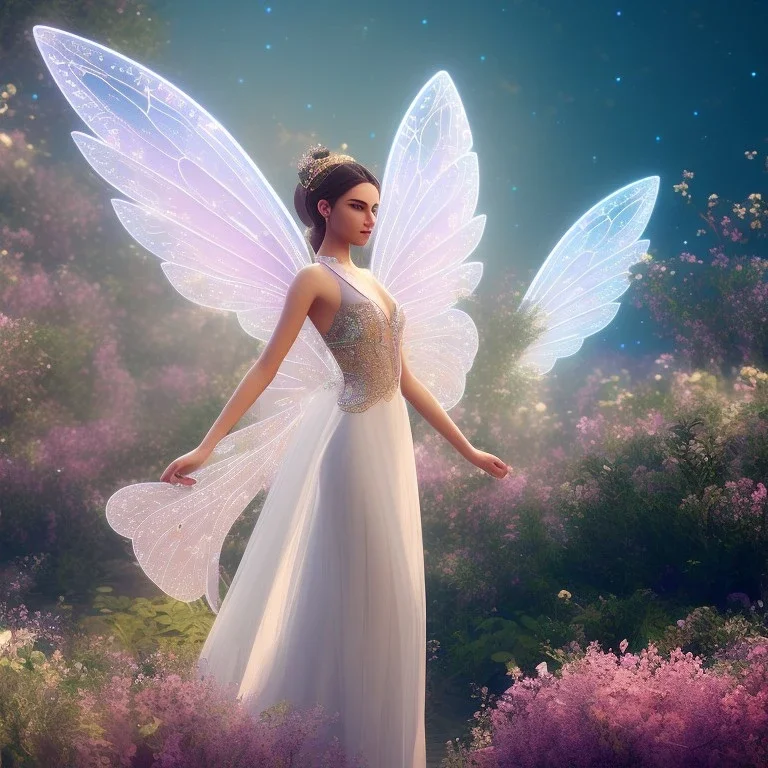 beautiful fairy in a galactic ambiance, transparent wings, delicate colors, finely tuned detail, ultra high definition, 8 k, unreal engine 5, ultra sharp focus