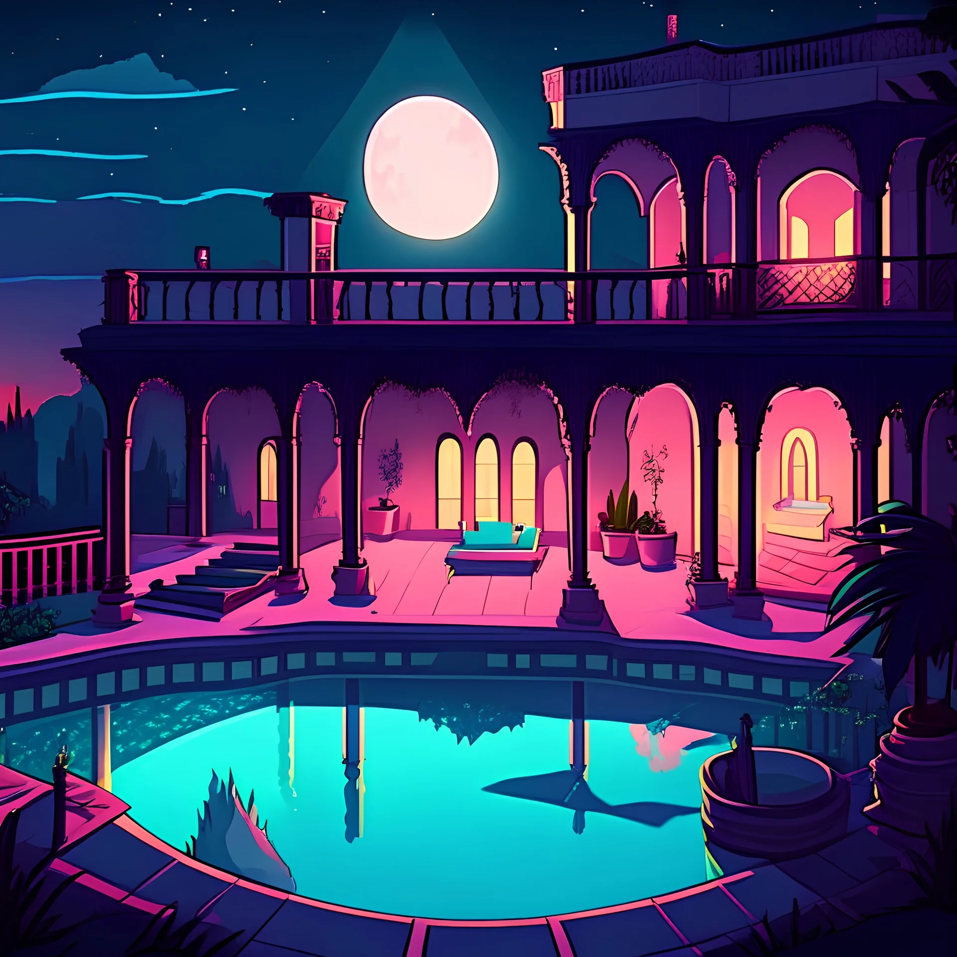 night sunset terrace of a villa with a pool in a vampire world cartoon