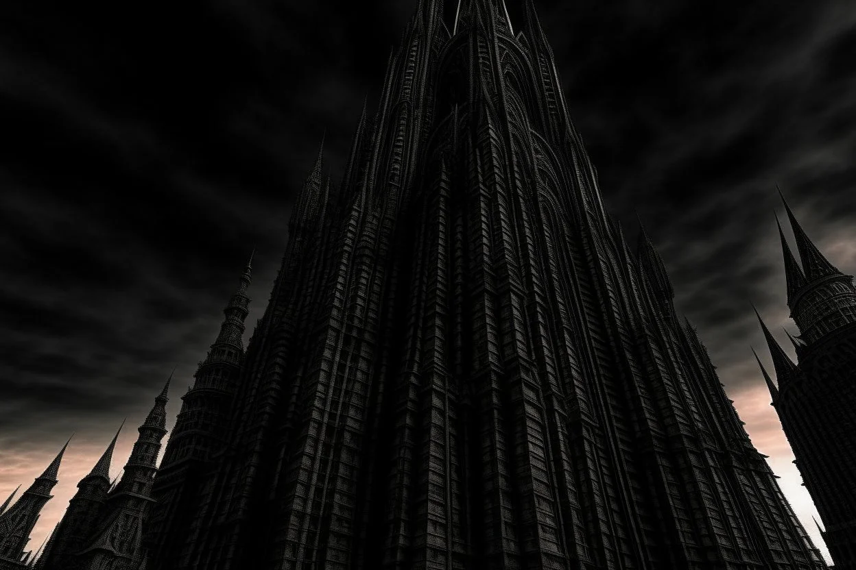 A twisted, dark, cathedral/tower stretching into a cracked sky