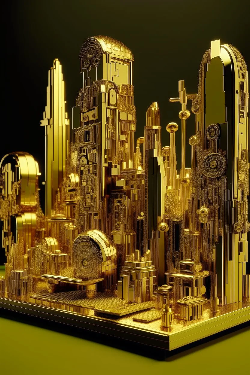 A gold metropolis with EDM instrument shaped buildings designed in Moai statues painted by Gustav Klimt
