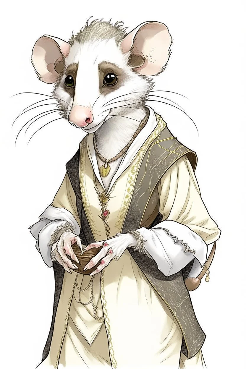 A drawing of an opossum in a male medieval maid outfit