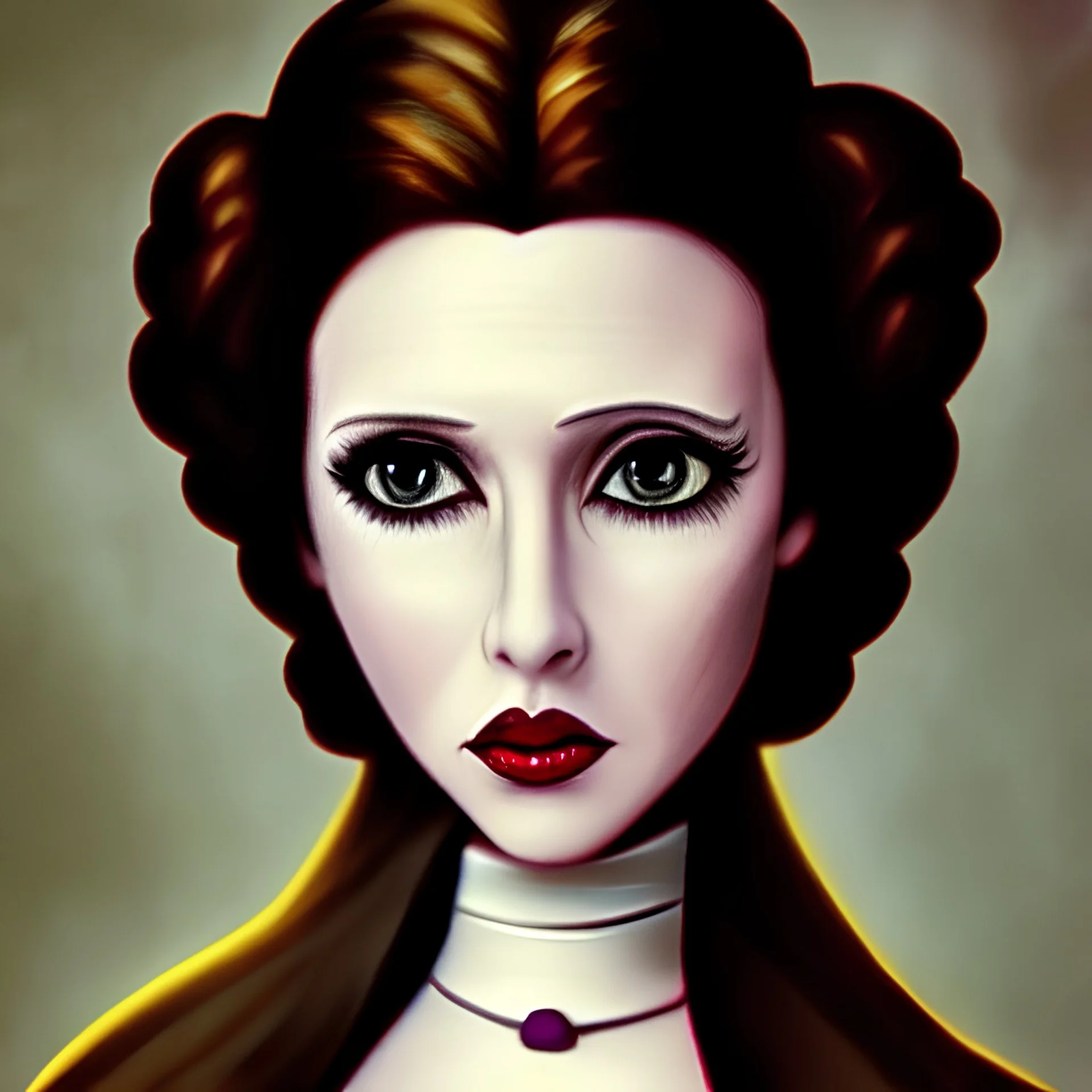 extrem tim burton style of princess leia, brown eyes, sharp focus,3D, ultra detailed,