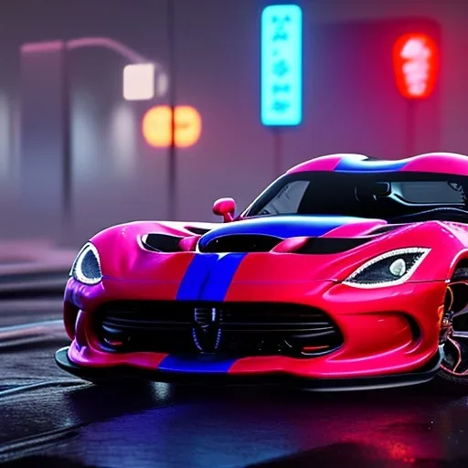 realistic dodge viper; in an alternate universe in tokyo; cyberpunk; rain; neon signs