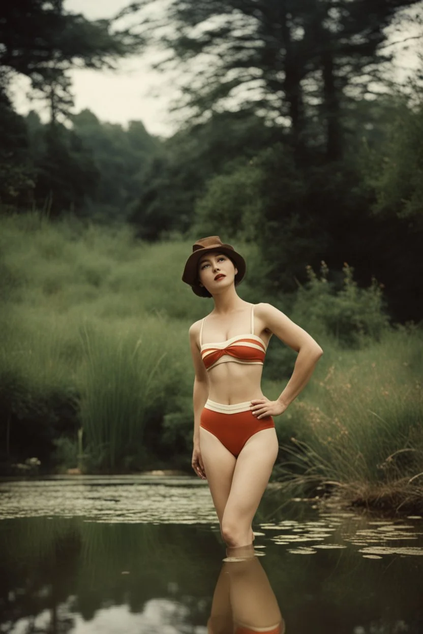 [vintage] A woman in swimsuit around a pond