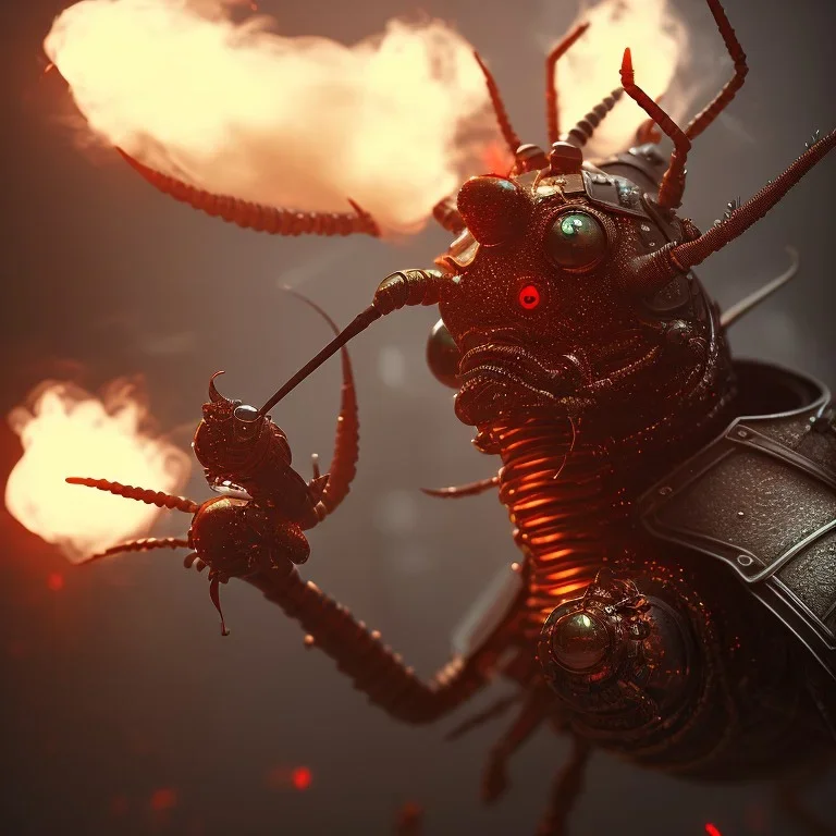 close-up of a horror insect with samurai armor produces smoke in a low-light city street with laterns, realistic, steampunk, 3d-art, futuristic, minimal design, unreal engine