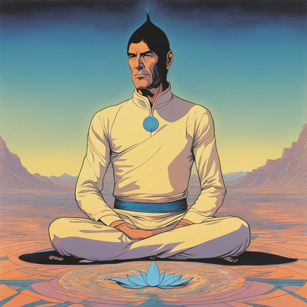 [Moebius] Spock in mediation, sitting in lotus position, as a yogi: Logic is the beginning of wisdom