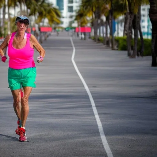  old Sonia Lombardi running a marathon on Miami beach, full body, about to cross the finish line, photo realistic, 8k, realism