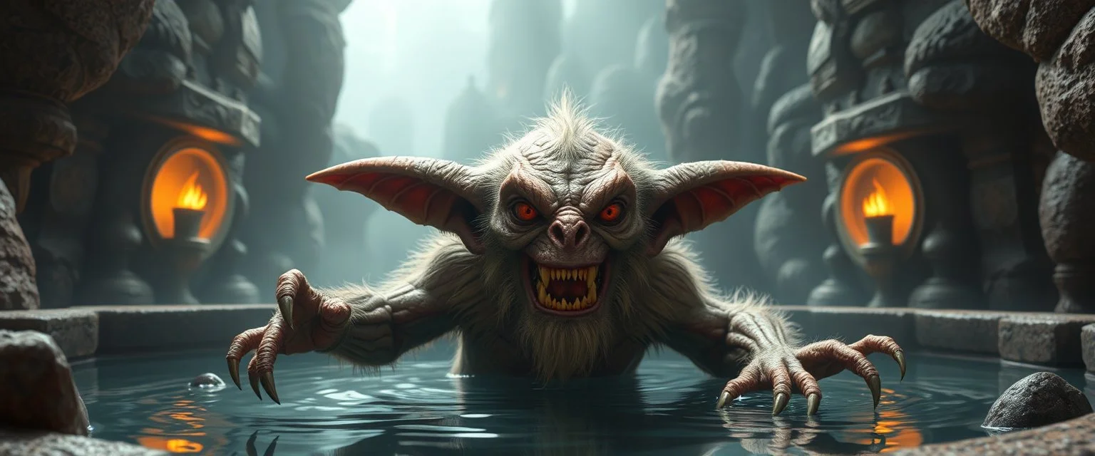 smite by god was the evil furry goblin gremlin man in a pool in the style of Escher and Giger.