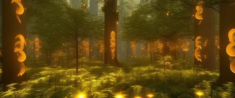 a huge library in forest with fireflies and yellow magic lights around trees that have wide leaves and broad trunked. Realistic