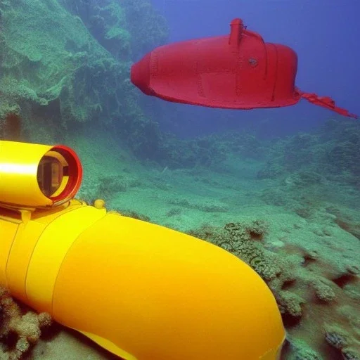 mix between nautilus submarine and yellow submarine in seabed