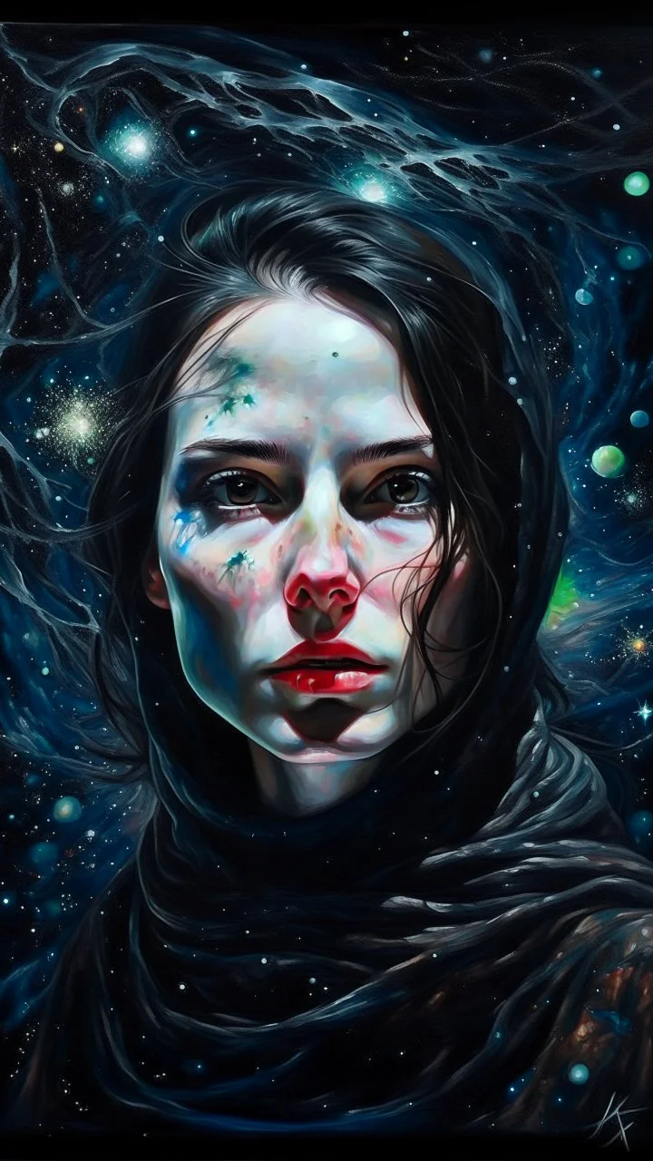 An eerily mesmerizing scene of a surreal nightscape, where the vast, inky canvas of the sky is brought to life by the ethereal visage of a woman. Her face, composed of hundreds of twinkling stars, emerges from the cosmic tapestry, each star a meticulous brushstroke in this celestial portrait. The woman's eyes, two luminous orbs, gaze serenely downward, reflecting the mysteries of the universe held within their depths. Her delicate features, from the arc of her eyebrows to the gentle curve of her