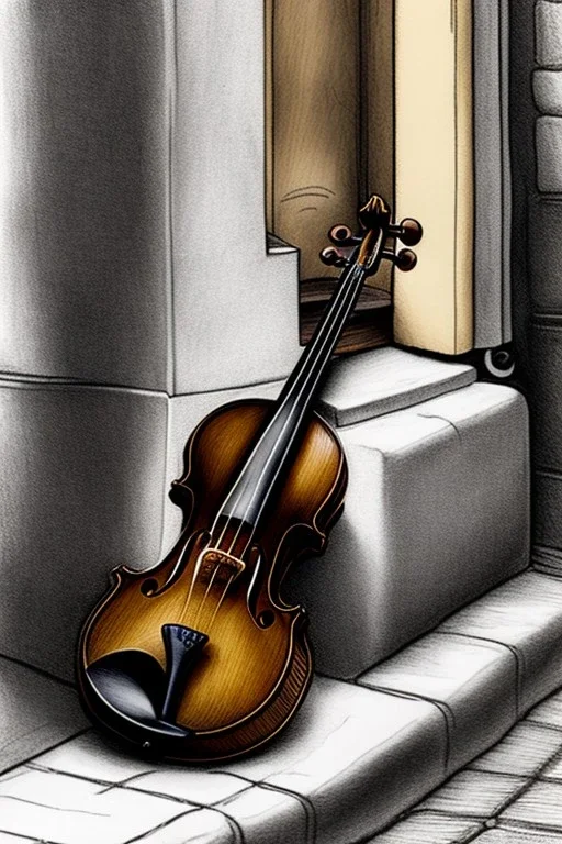 One single mature homeless cat, sleeping in a corner on the street, violin case, Vienna, mourning, model style, hyper realistic, extremely accurate, delicate, extremely detailed, Graphic novel style, wide-angle, open aperture, superfine pencil