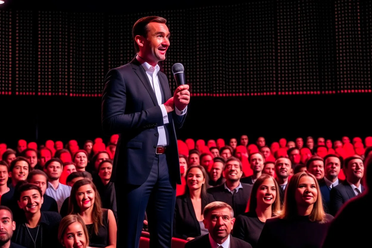 The photograph is of a speaker standing on stage in front of a large audience. The speaker appears confident and excited to speak in front of the audience. The speaker is shown dressed in formal attire and holding a microphone.